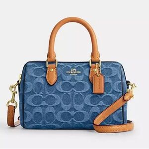 Coach Denim Signature 2026 drop Mini Rowan with Tan Leather Trim